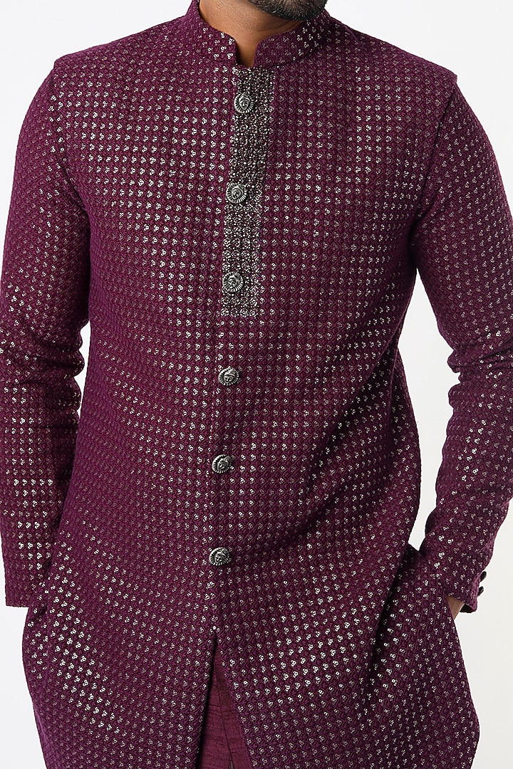 Wine Kurta Set With Embroidered Wedding Indowestern Jacket Set by Nero by Shaifali & Satya at Pernia's Pop Up Shop