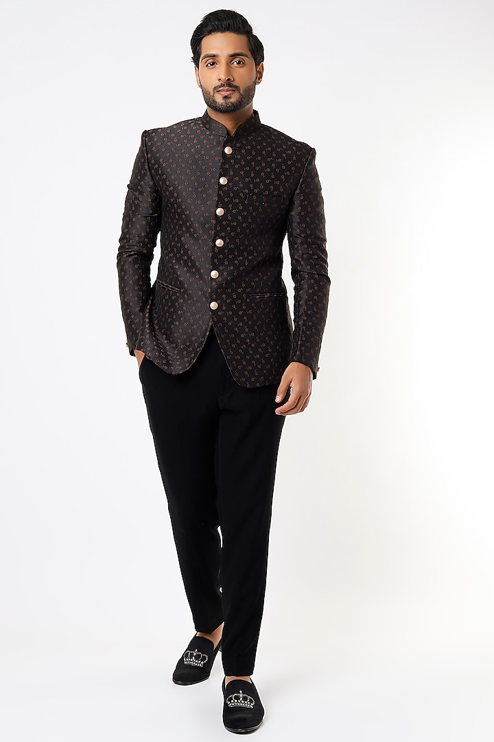 Black Jacquard Wedding Bandhgala Set by Nero by Shaifali & Satya at Pernia's Pop Up Shop