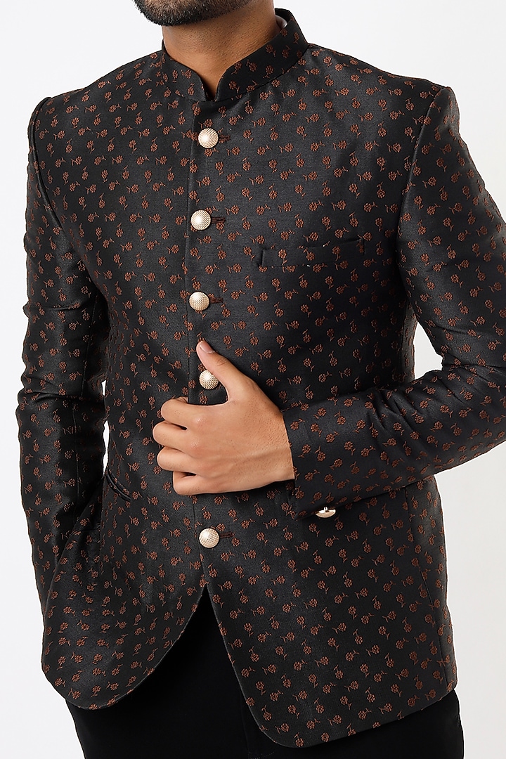 Black Jacquard Wedding Bandhgala Set by Nero by Shaifali & Satya at Pernia's Pop Up Shop