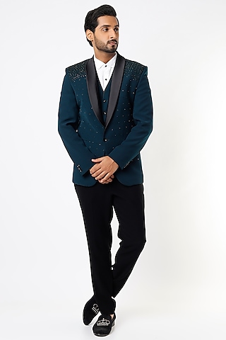 Teal Hand Embroidered Tuxedo Set by Nero by Shaifali & Satya