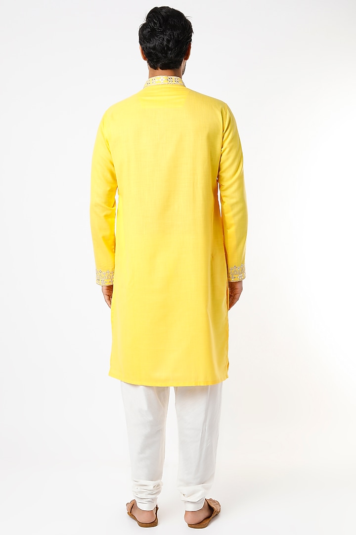 Yellow Ruby Silk Hand Embroidered Kurta Set by Nero by Shaifali & Satya at Pernia's Pop Up Shop