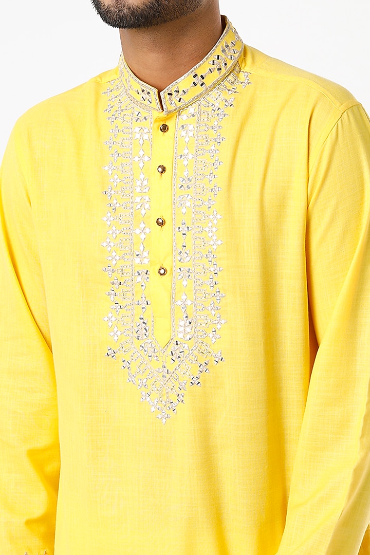 Yellow Ruby Silk Hand Embroidered Kurta Set by Nero by Shaifali & Satya at Pernia's Pop Up Shop
