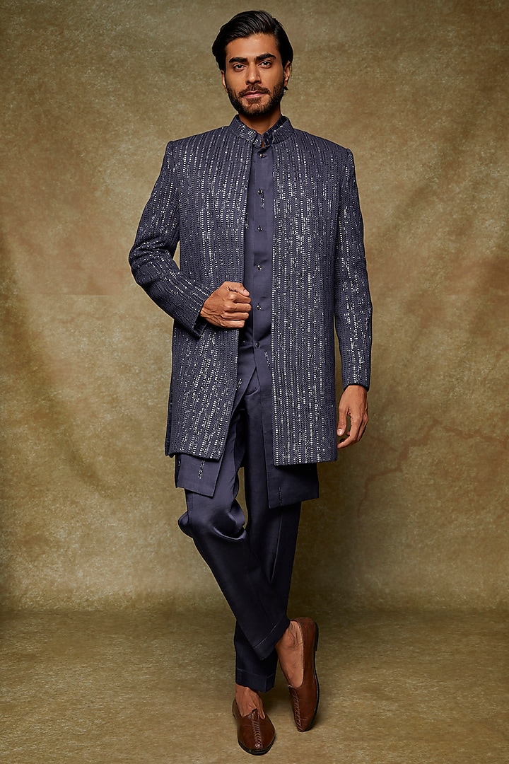 Navy Blue Lucknowi Embroidered Indowestern Jacket Set by Nero by Shaifali & Satya