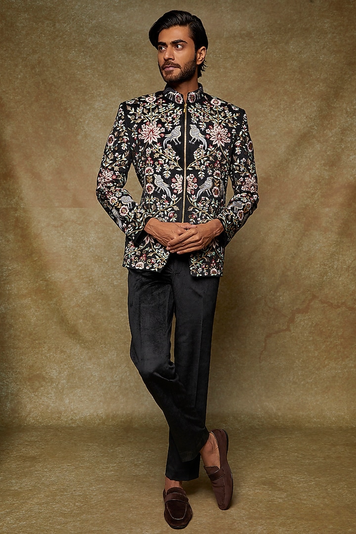 Black Suede Embroidered Jodhpuri Jacket Set by Nero by Shaifali & Satya at Pernia's Pop Up Shop