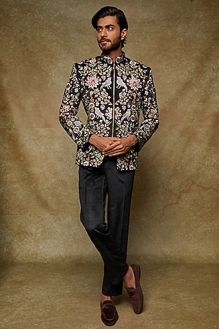Black Suede Embroidered Jodhpuri Jacket Set by Nero by Shaifali & Satya