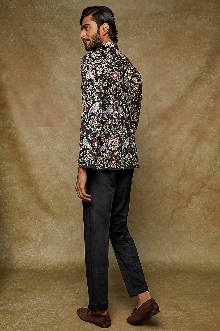 Black Suede Embroidered Jodhpuri Jacket Set by Nero by Shaifali & Satya at Pernia's Pop Up Shop