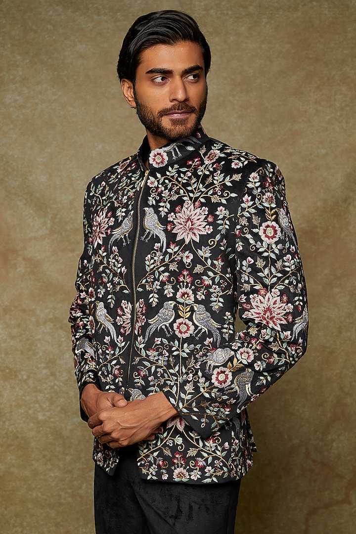 Black Suede Embroidered Jodhpuri Jacket Set by Nero by Shaifali & Satya at Pernia's Pop Up Shop