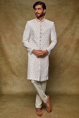 White Silk Lucknowi Embroidered Sherwani Set by Nero by Shaifali & Satya