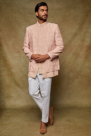 Pink Lucknowi Embroidered Jodhpuri Jacket Set by Nero by Shaifali & Satya