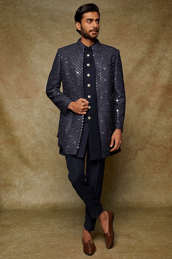 Navy Blue Boomario Embroidered Wedding Indowestern Jacket With Kurta Set by Nero by Shaifali & Satya at Pernia's Pop Up Shop