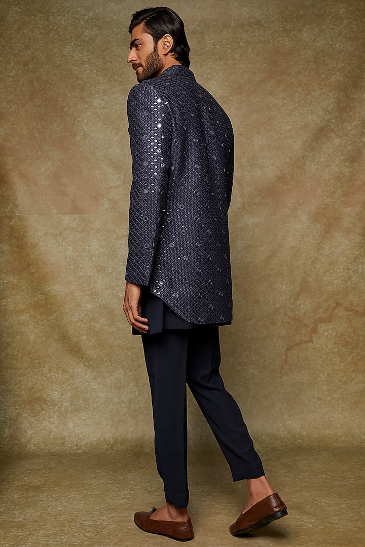 Navy Blue Boomario Embroidered Wedding Indowestern Jacket With Kurta Set by Nero by Shaifali & Satya at Pernia's Pop Up Shop
