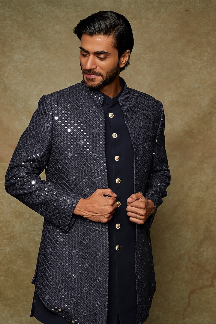 Navy Blue Boomario Embroidered Wedding Indowestern Jacket With Kurta Set by Nero by Shaifali & Satya at Pernia's Pop Up Shop