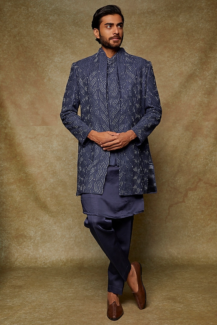 Navy Blue Lucknowi Embroidered Indowestern Jacket Set  by Nero by Shaifali & Satya