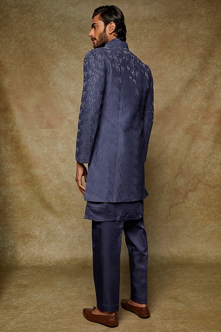 Navy Blue Lucknowi Embroidered Wedding Indowestern Jacket Set by Nero by Shaifali & Satya at Pernia's Pop Up Shop