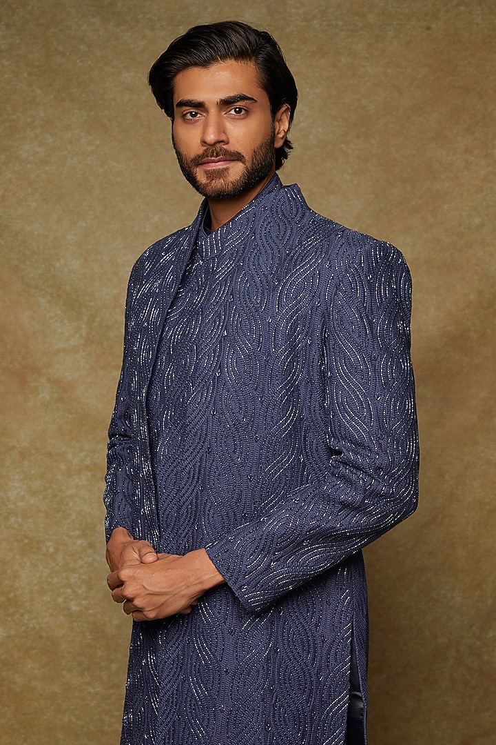 Navy Blue Lucknowi Embroidered Wedding Indowestern Jacket Set by Nero by Shaifali & Satya at Pernia's Pop Up Shop