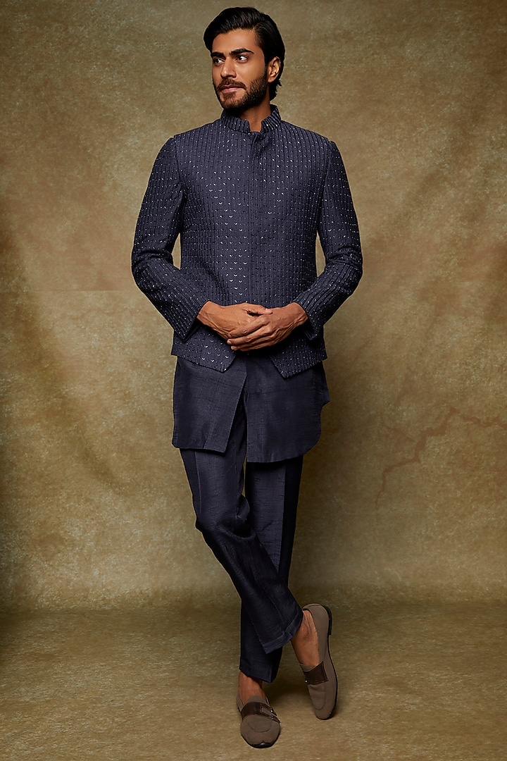 Navy Blue Lucknowi Embroidered Bundi Jacket With Kurta Set by Nero by Shaifali & Satya