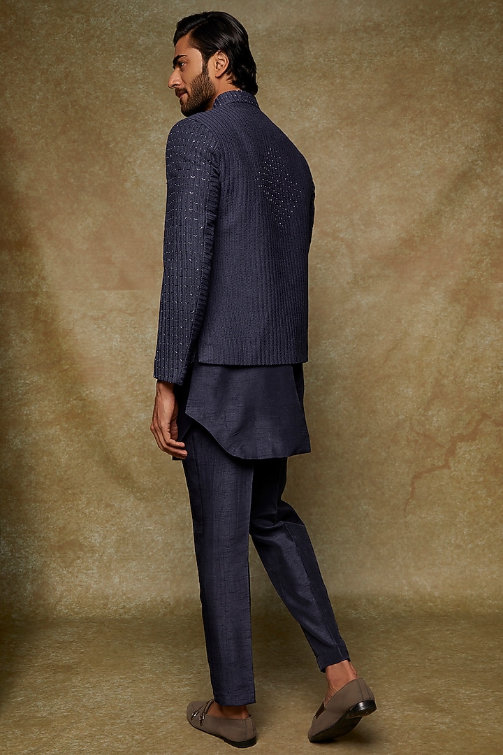 Navy Blue Lucknowi Embroidered Bundi Jacket With Kurta Set by Nero by Shaifali & Satya at Pernia's Pop Up Shop