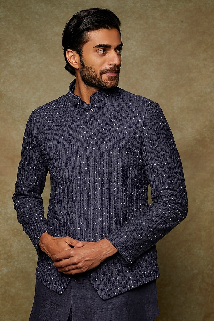 Navy Blue Lucknowi Embroidered Bundi Jacket With Kurta Set by Nero by Shaifali & Satya at Pernia's Pop Up Shop
