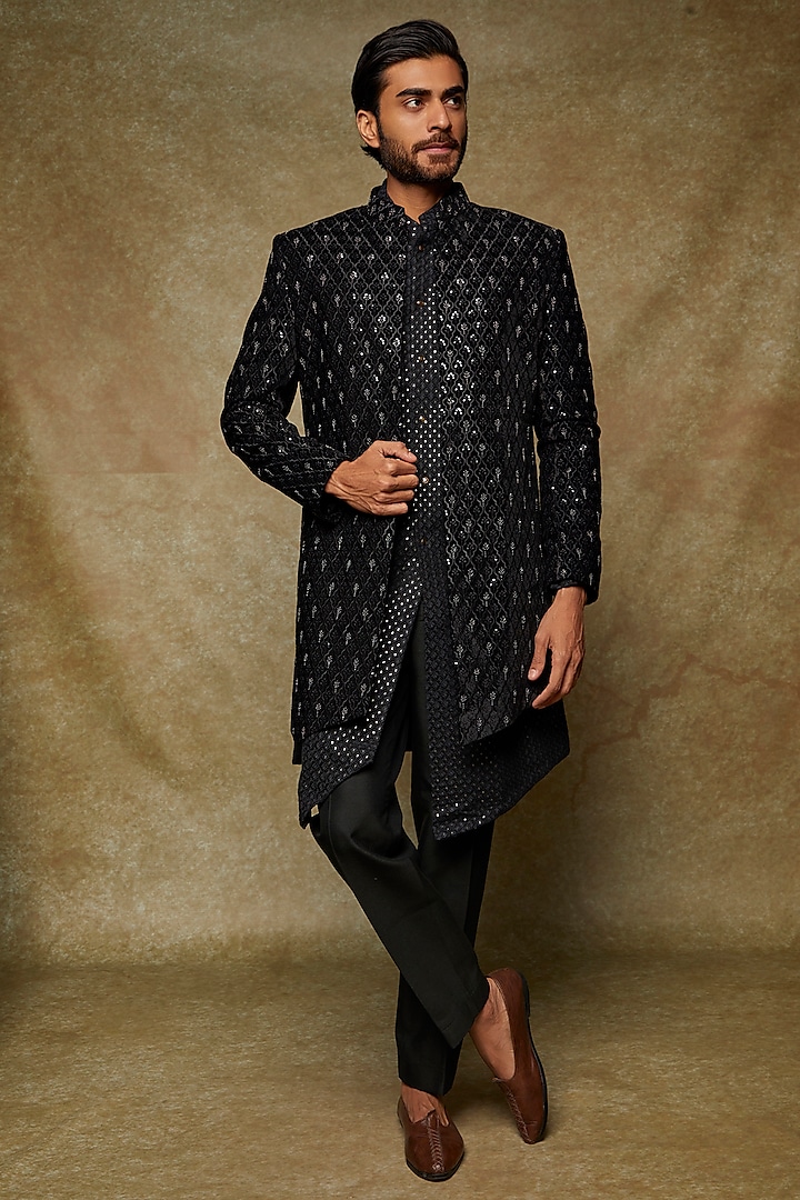 Black Suede Embroidered Indowestern Jacket Set by Nero by Shaifali & Satya