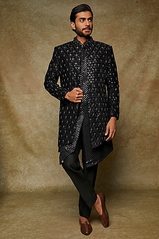 Black Suede Embroidered Indowestern Jacket Set by Nero by Shaifali & Satya