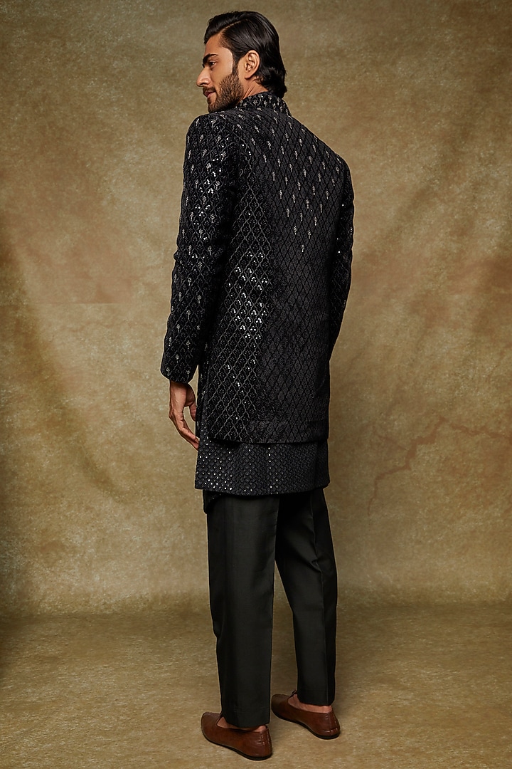 Black Suede Embroidered Wedding Indowestern Jacket Set by Nero by Shaifali & Satya at Pernia's Pop Up Shop