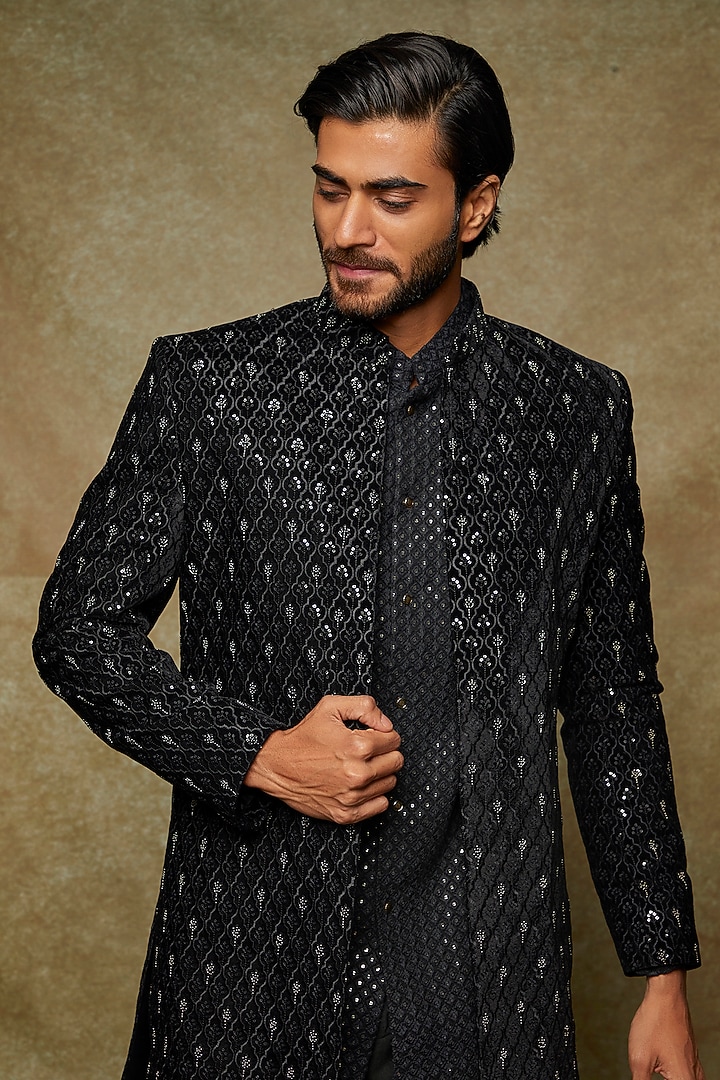 Black Suede Embroidered Wedding Indowestern Jacket Set by Nero by Shaifali & Satya at Pernia's Pop Up Shop