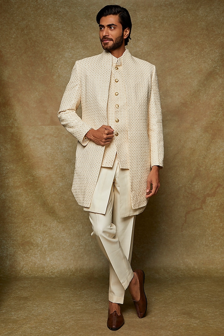 Ivory Lucknowi Embroidered Indowestern Set by Nero by Shaifali & Satya