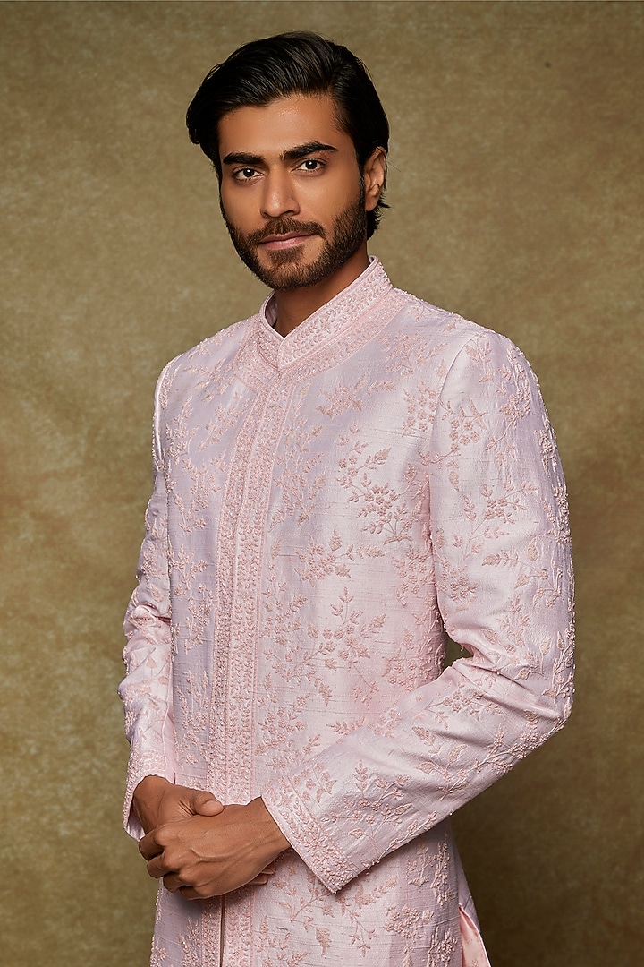 Pink Pure Raw Silk Embroidered Groom Sherwani Set by Nero by Shaifali & Satya at Pernia's Pop Up Shop