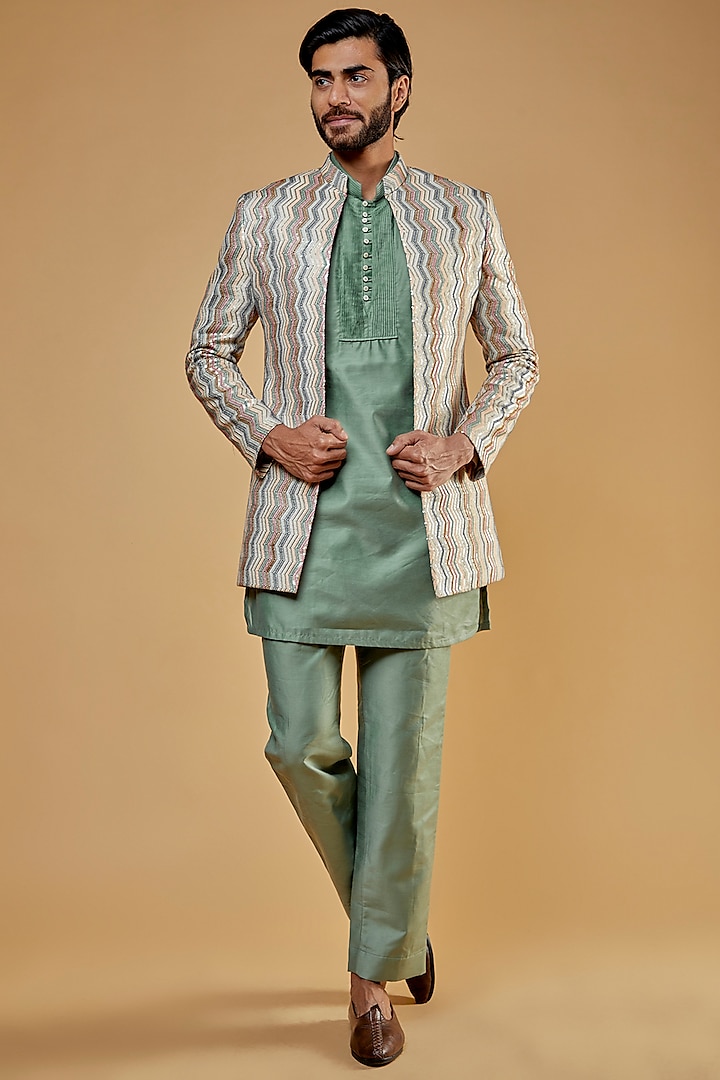 Multi-Colored Silk Embroidered Open Indowestern Jacket With Kurta Set by Nero by Shaifali & Satya