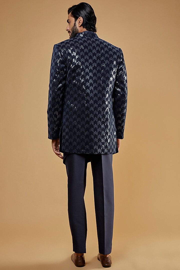 Navy Blue Silk Kurta Set With Wedding Indowestern Jacket by Nero by Shaifali & Satya at Pernia's Pop Up Shop