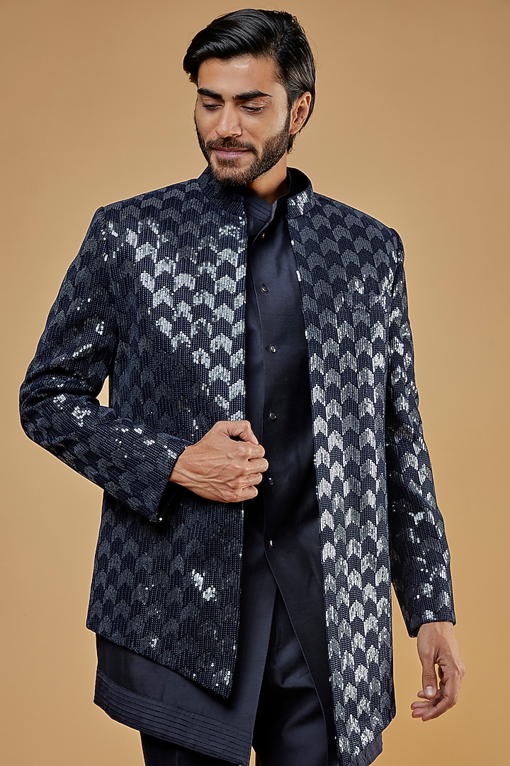 Navy Blue Silk Kurta Set With Wedding Indowestern Jacket by Nero by Shaifali & Satya at Pernia's Pop Up Shop