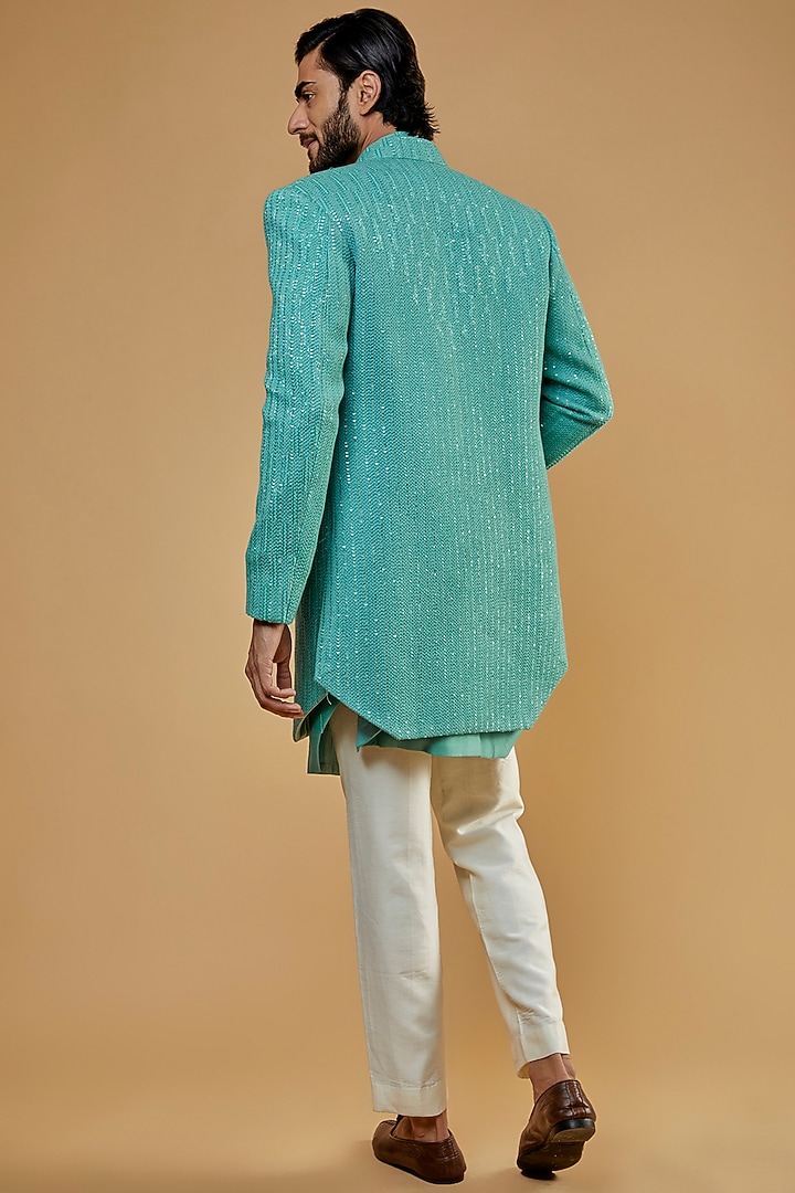 Green Lucknowi Embroidered Kurta Set With Wedding Indowestern Jacket by Nero by Shaifali & Satya at Pernia's Pop Up Shop