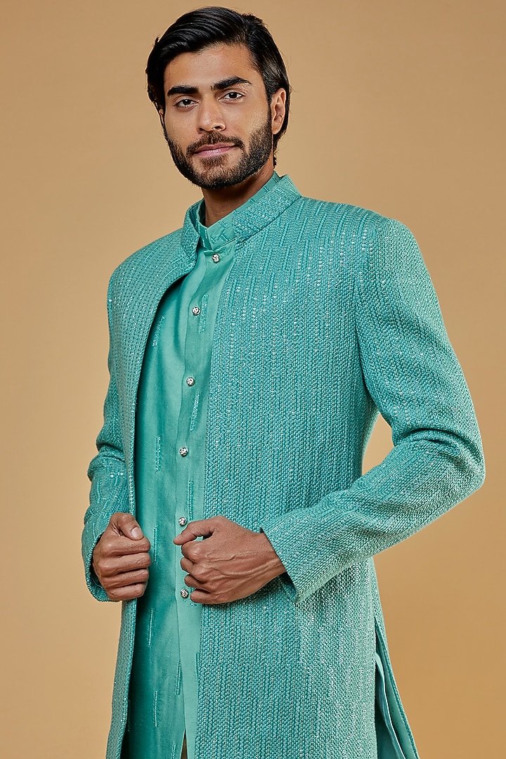 Green Lucknowi Embroidered Kurta Set With Wedding Indowestern Jacket by Nero by Shaifali & Satya at Pernia's Pop Up Shop