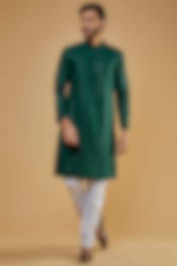 Bottle Green Silk Embroidered Kurta Set by Nero by Shaifali & Satya at Pernia's Pop Up Shop