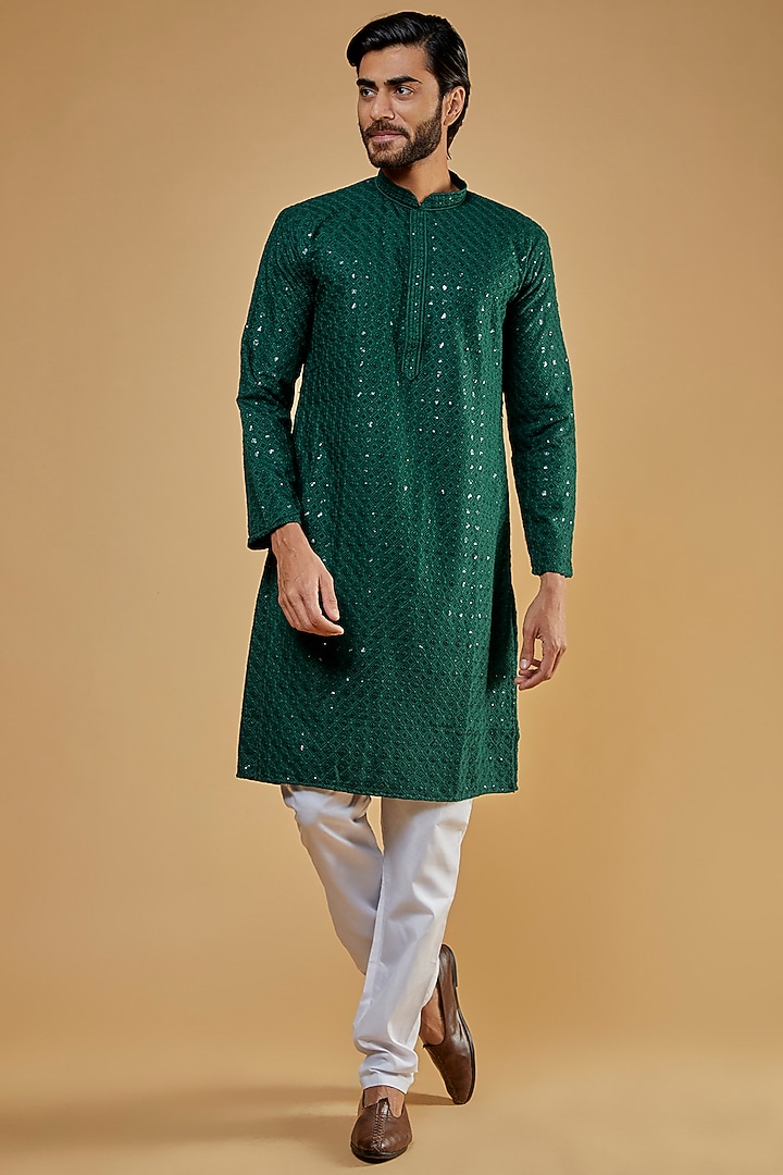 Bottle Green Silk Embroidered Kurta Set by Nero by Shaifali & Satya at Pernia's Pop Up Shop