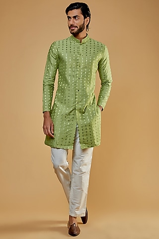 Pastel Green Soft Silk Embroidered Kurta Set by Nero by Shaifali & Satya
