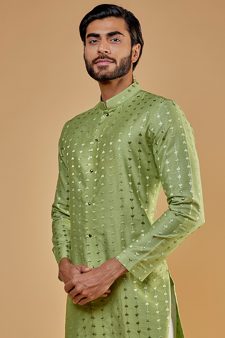 Pastel Green Soft Silk Embroidered Kurta Set by Nero by Shaifali & Satya at Pernia's Pop Up Shop