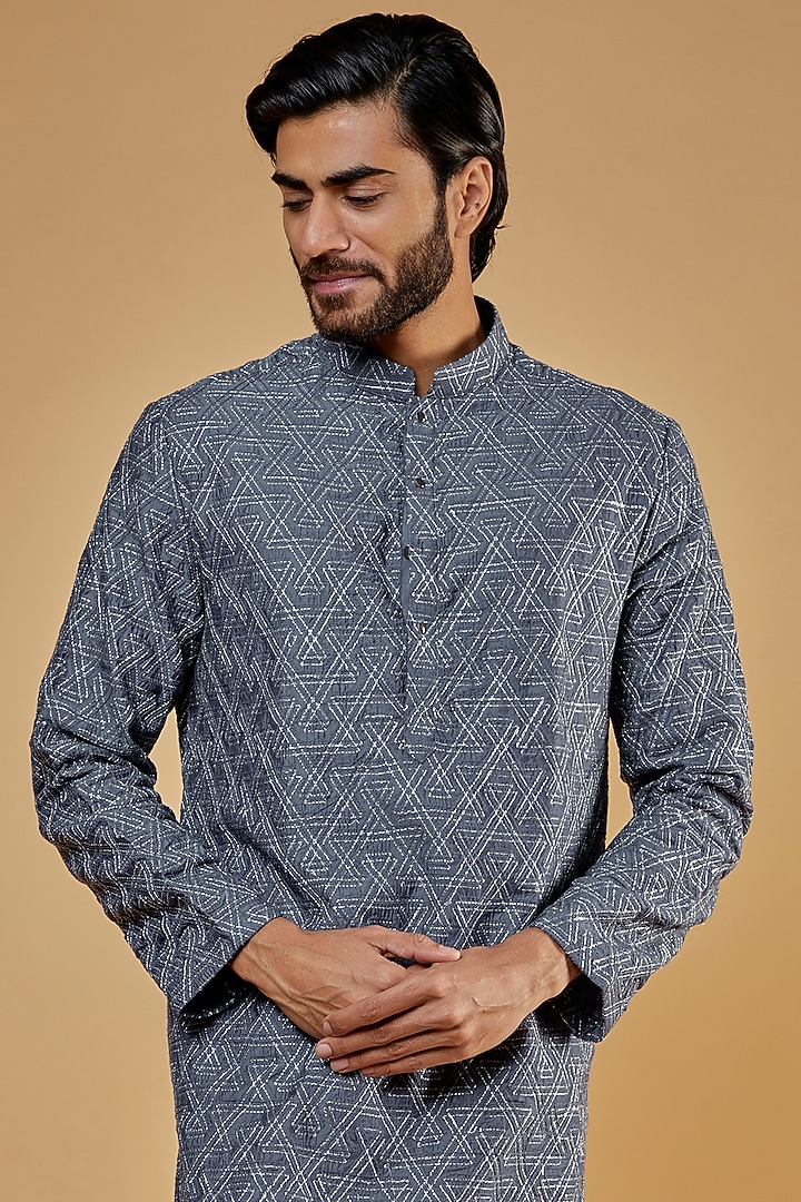 Grey Lucknowi Kurta Set by Nero by Shaifali & Satya at Pernia's Pop Up Shop