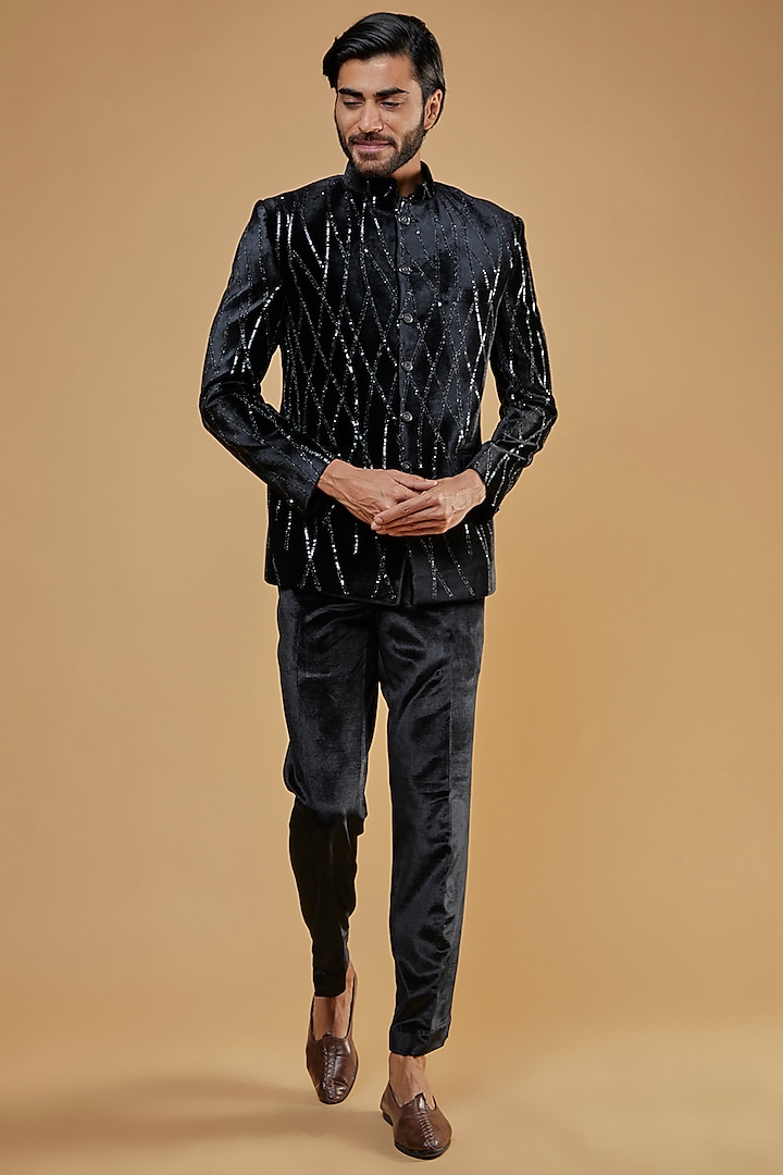 Black Suede Embroidered Jodhpuri Set by Nero by Shaifali & Satya at Pernia's Pop Up Shop
