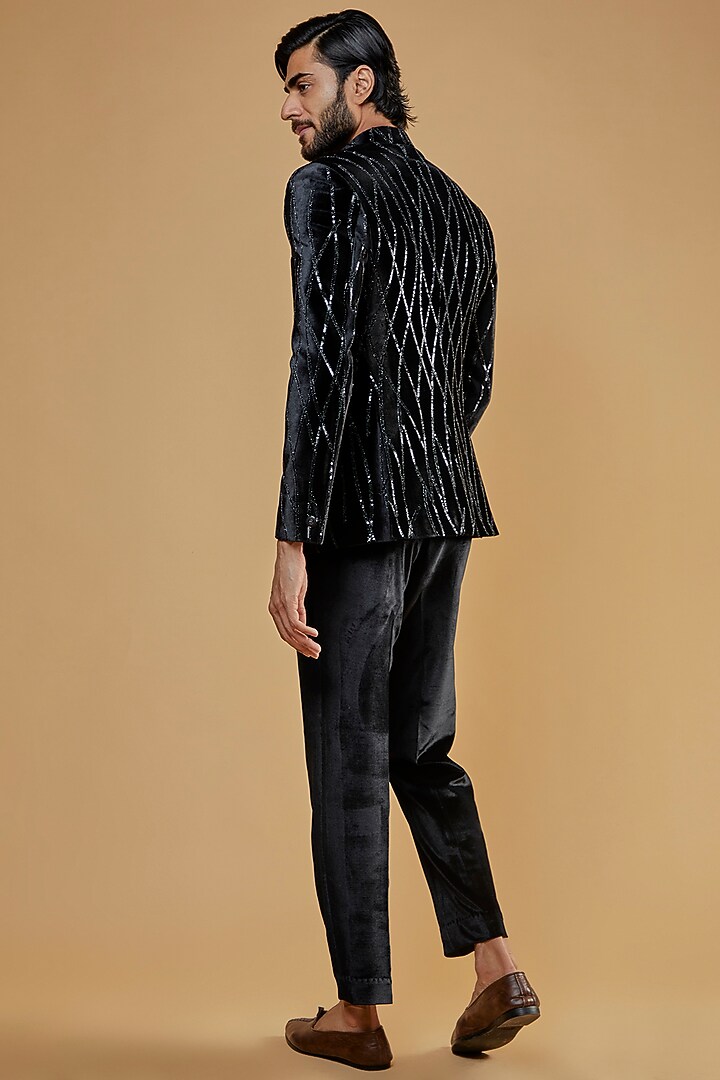 Black Suede Embroidered Jodhpuri Set by Nero by Shaifali & Satya at Pernia's Pop Up Shop