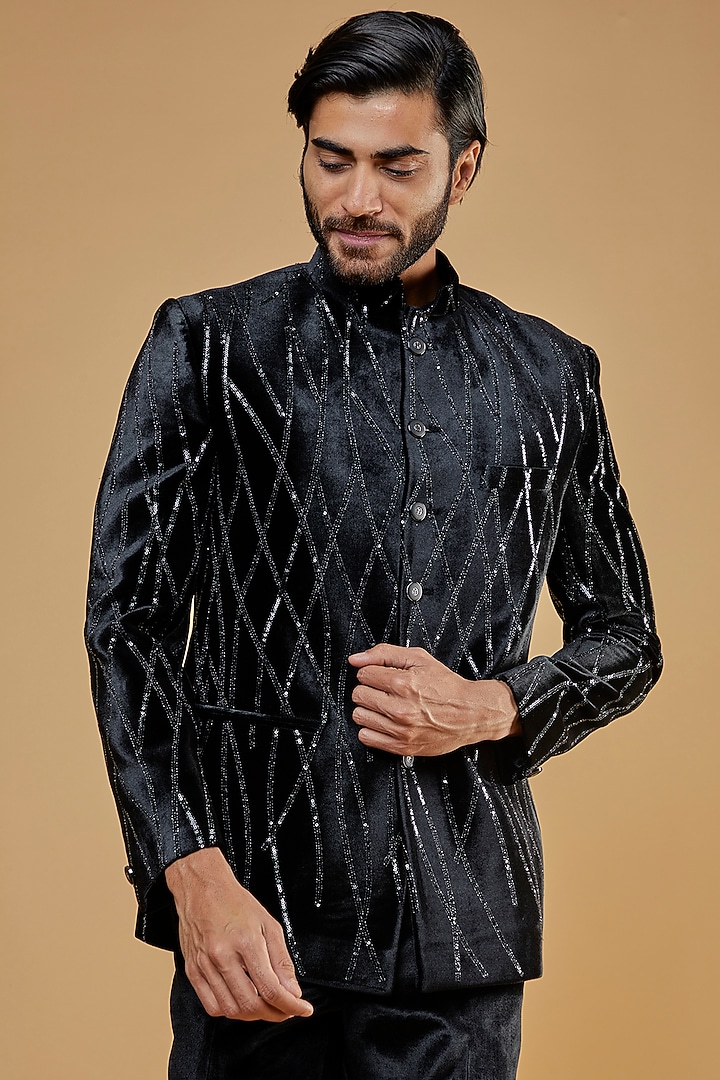 Black Suede Embroidered Jodhpuri Set by Nero by Shaifali & Satya at Pernia's Pop Up Shop