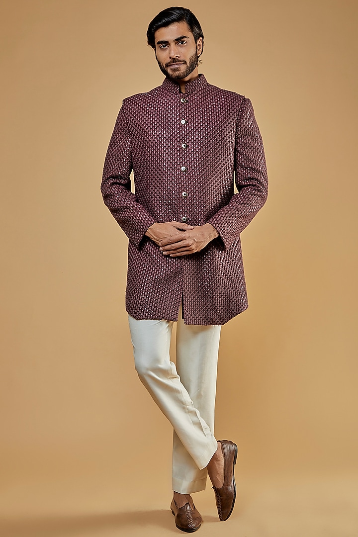 Wine Lucknowi Indowestern Set by Nero by Shaifali & Satya