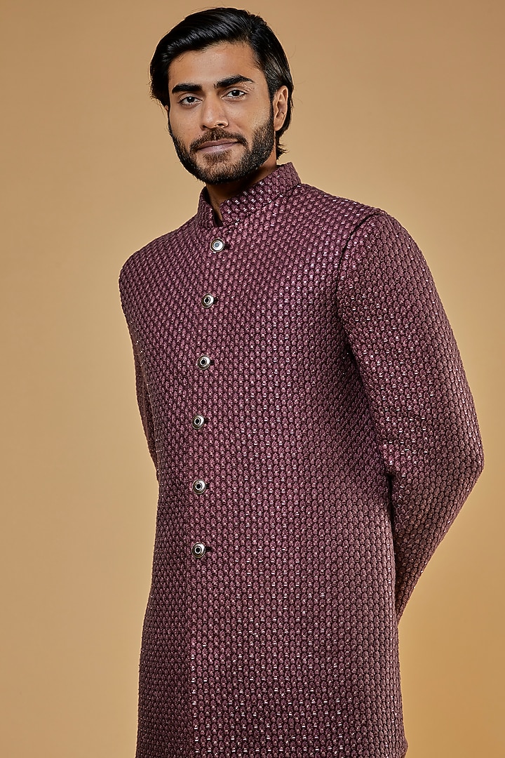 Wine Lucknowi Wedding Indowestern Set by Nero by Shaifali & Satya at Pernia's Pop Up Shop