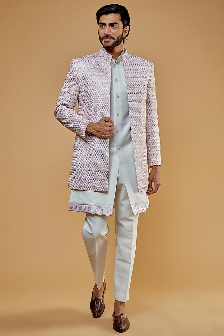 Multi-Colored Silk Thread Embroidered Indowestern Jacket With Kurta Set by Nero by Shaifali & Satya