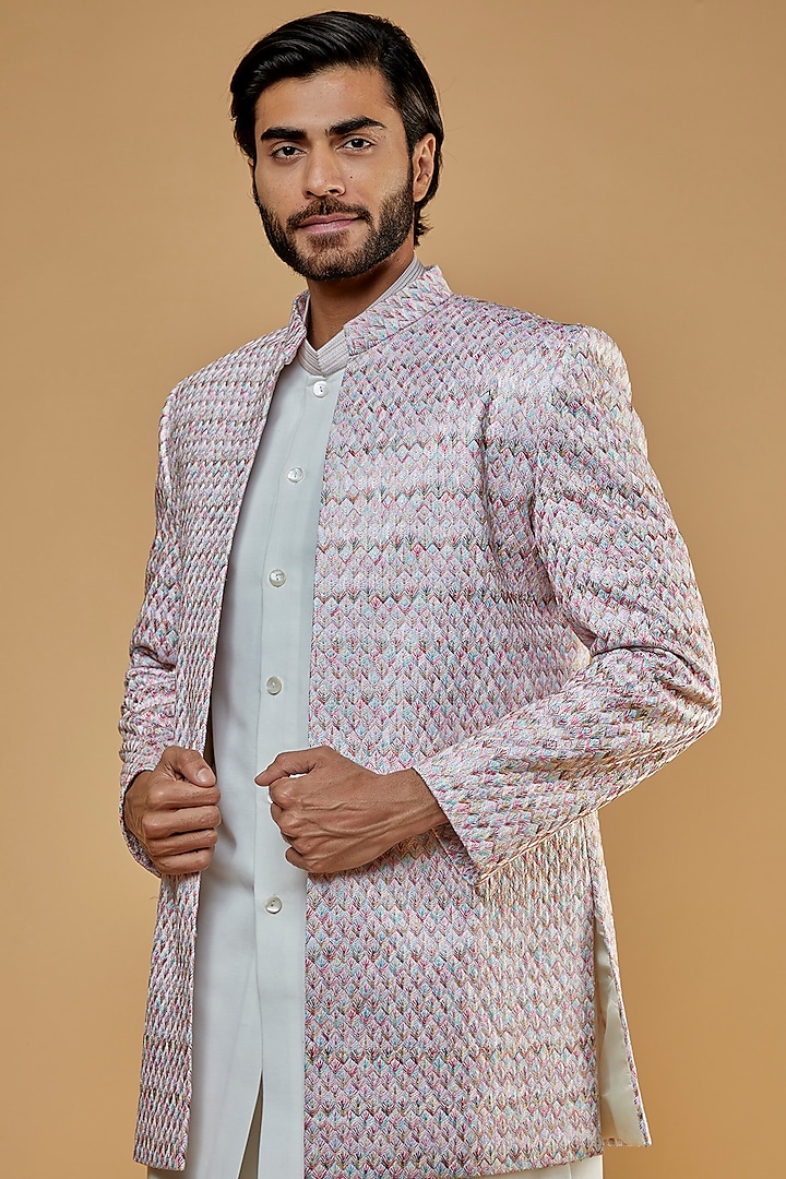 Multi-Colored Silk Thread Embroidered Wedding Indowestern Jacket With Kurta Set by Nero by Shaifali & Satya at Pernia's Pop Up Shop