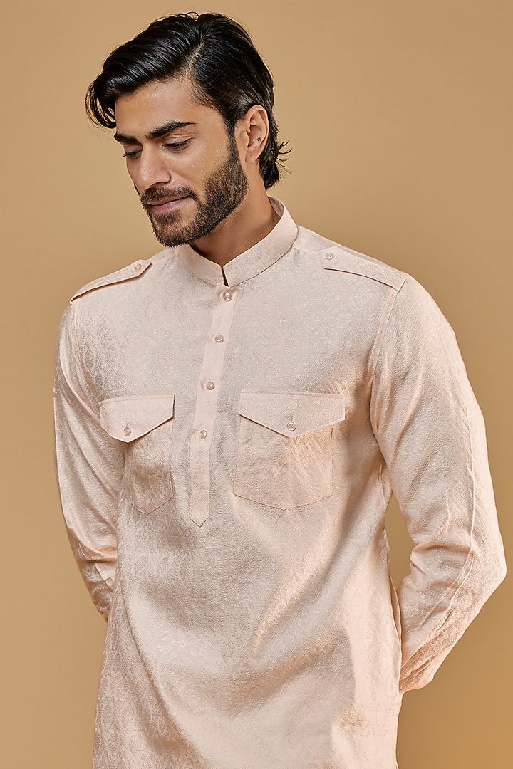 Pink Silk Printed Pathani Kurta Set by Nero by Shaifali & Satya at Pernia's Pop Up Shop