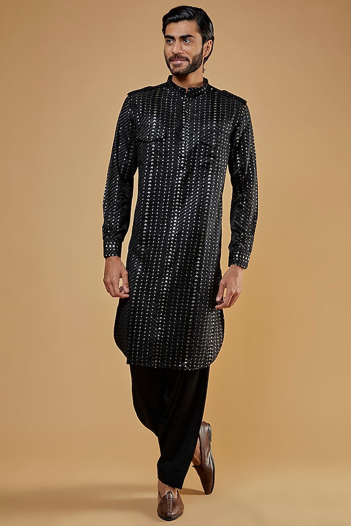 Buy Nero by Shaifali & Satya Black Lucknowi Pathani Kurta Set at Pernia ...