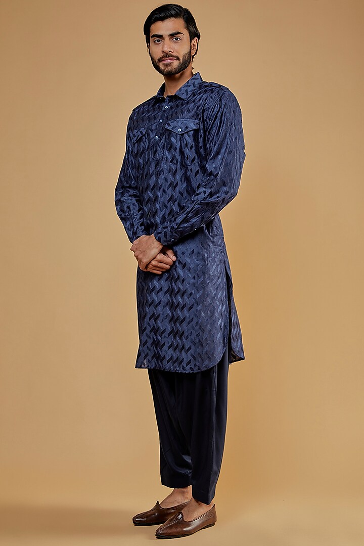 Blue Cotton Silk Thread Embroidered Pathani Kurta Set by Nero by Shaifali & Satya at Pernia's Pop Up Shop