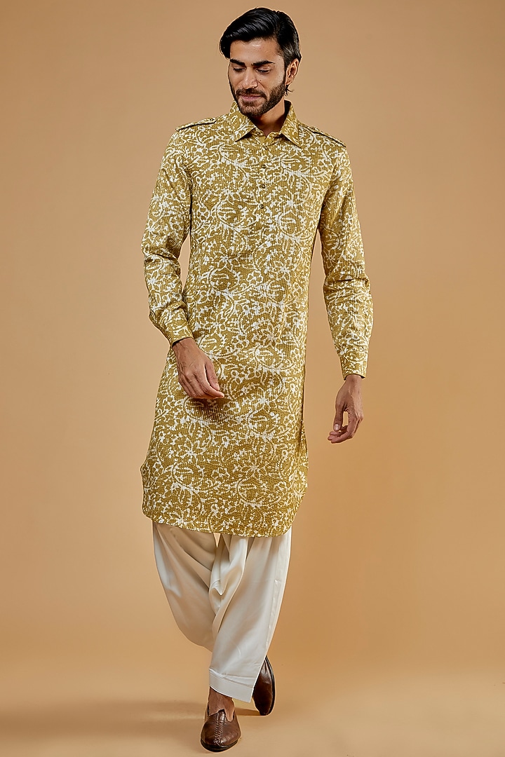 Green & Ivory Cotton Silk Printed Pathani Kurta Set by Nero by Shaifali & Satya at Pernia's Pop Up Shop