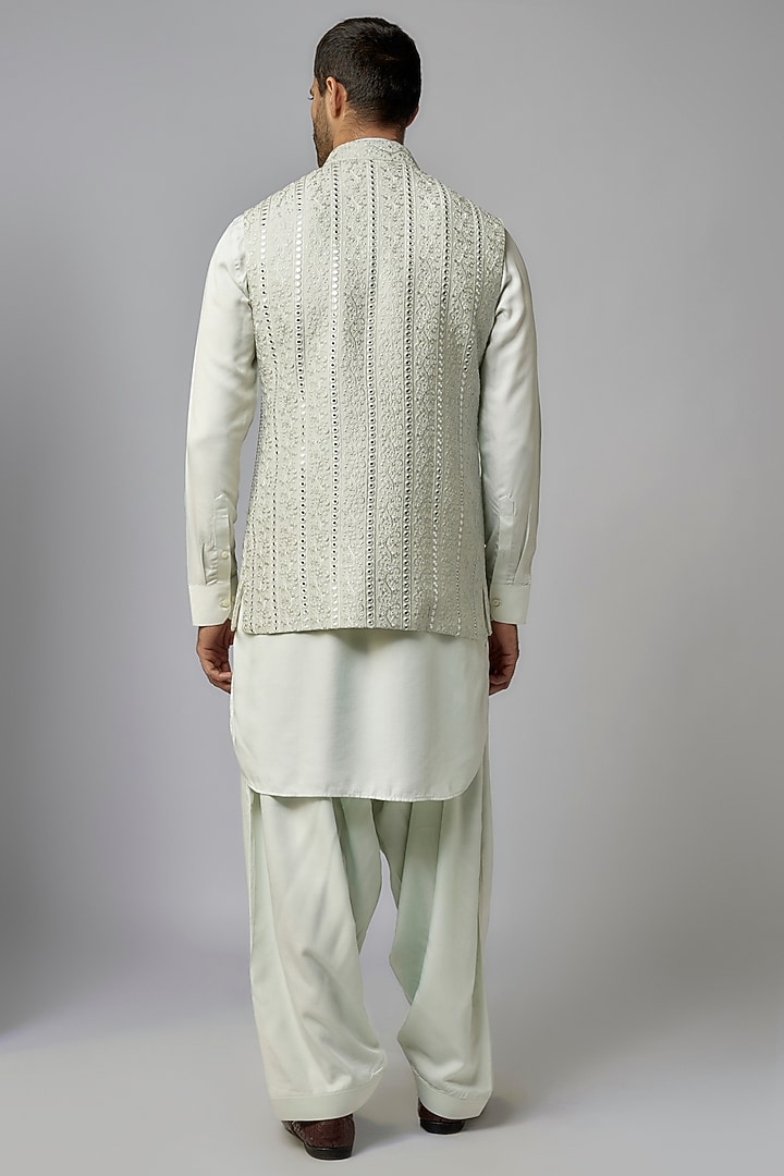 Green Silk Thread Work Bundi Jacket Set by Nero by Shaifali & Satya at Pernia's Pop Up Shop